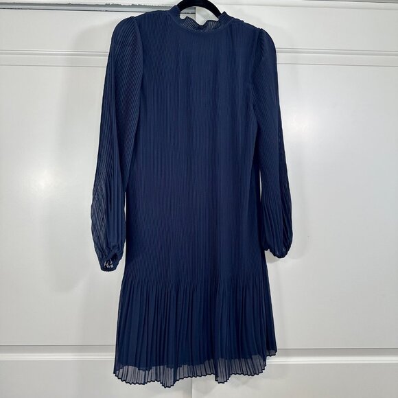 Navy Tie Neck Pleated Long Sleeve Dress 10 - Picture 4 of 13